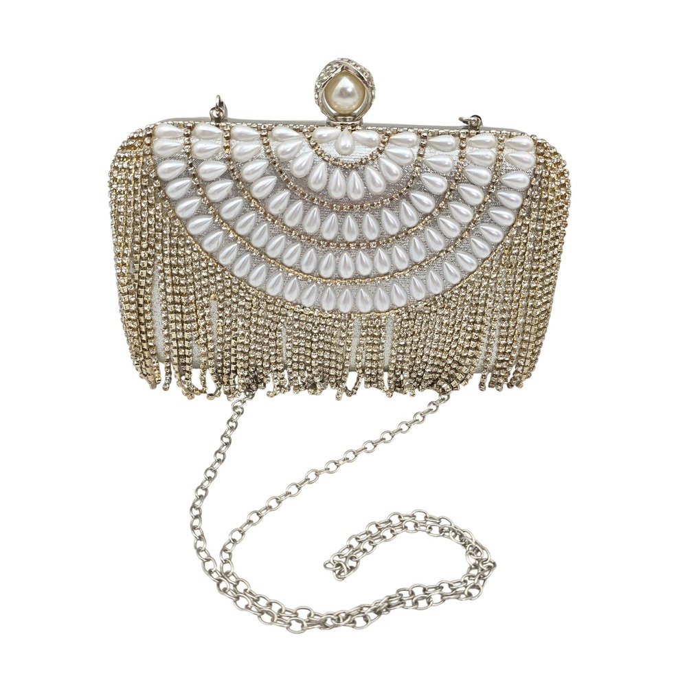 Lauren Lorraine Silver Rhinestone Fringe Faux Pearl Evening Clutch Bag P2